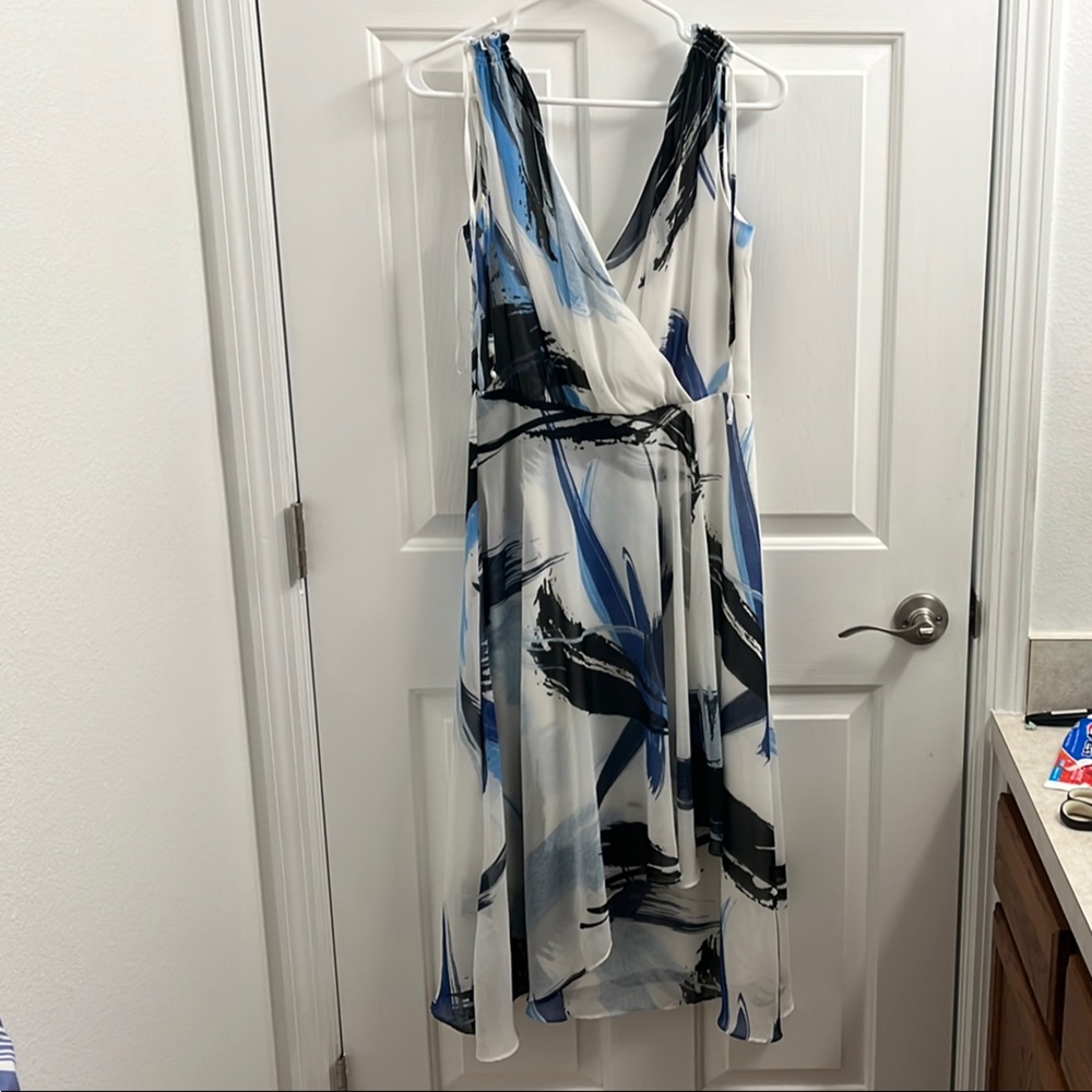 Taylor Blue and Black Midi Dress with Modern Geometric Design